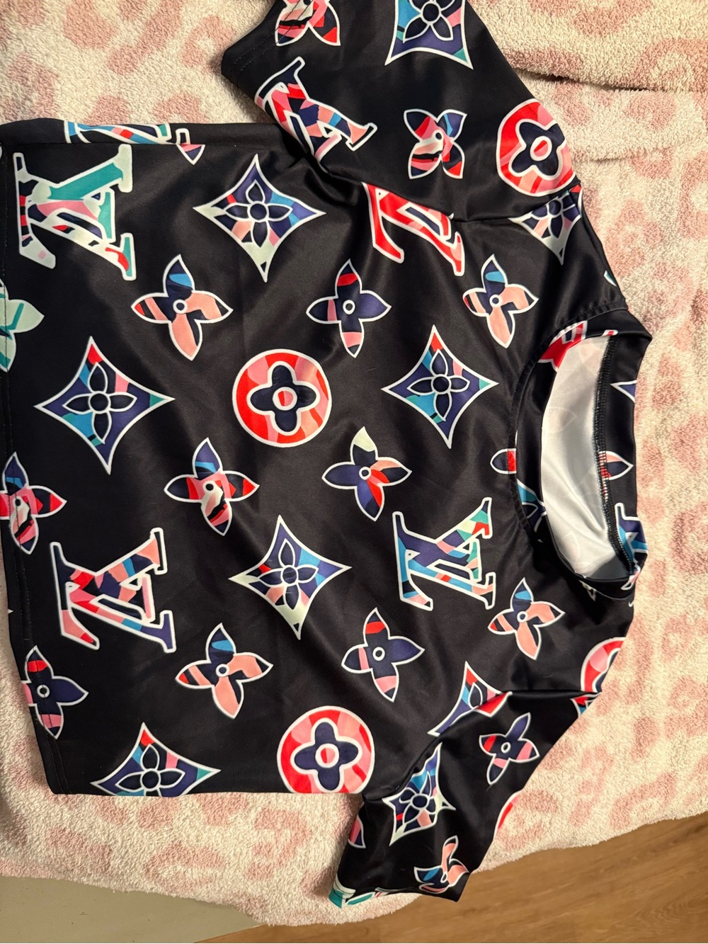 Black Graphic Logo-Print Short Sleeve Top - Multicolor Motifs and pants Lounger
